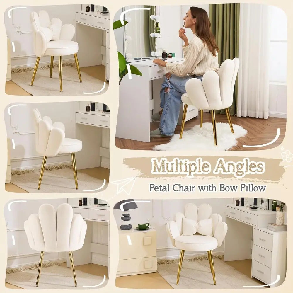White Velvet Makeup Vanity Chair with Adjustable Gold Legs and Bow Pillow for Home Office or Bedroom