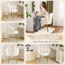 White Velvet Makeup Vanity Chair with Adjustable Gold Legs and Bow Pillow for Home Office or Bedroom