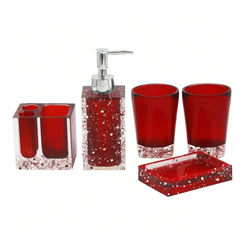 Resin Bathroom Accessory Set With Soap Dish Dispenser Toothbrush Holder And Tumbler Red