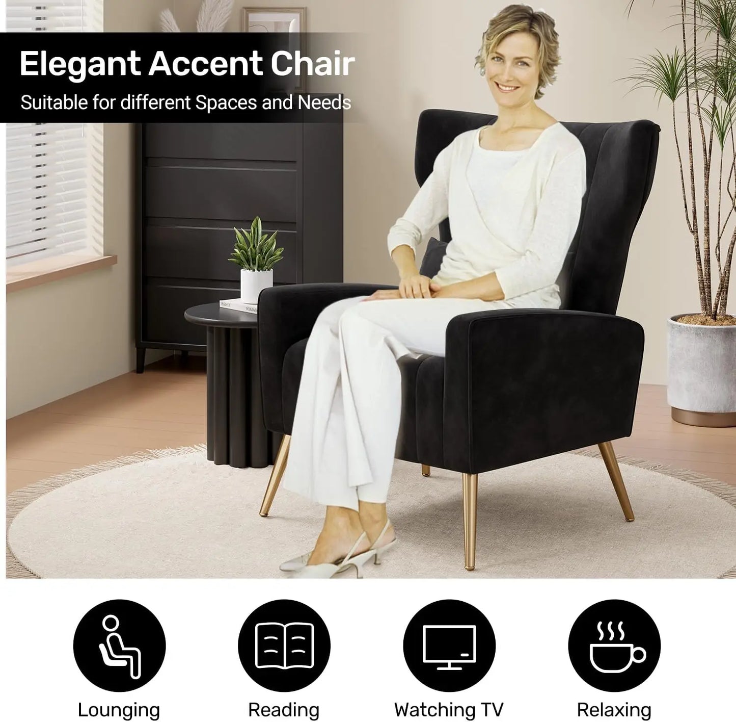 Black Velvet Accent Chair Set of 2, Wingback Chair for Living Room, High Back Arm Chair with Golden Legs Lumbar Pillow, Upholste