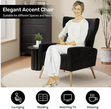 Black Velvet Accent Chair Set of 2, Wingback Chair for Living Room, High Back Arm Chair with Golden Legs Lumbar Pillow, Upholste