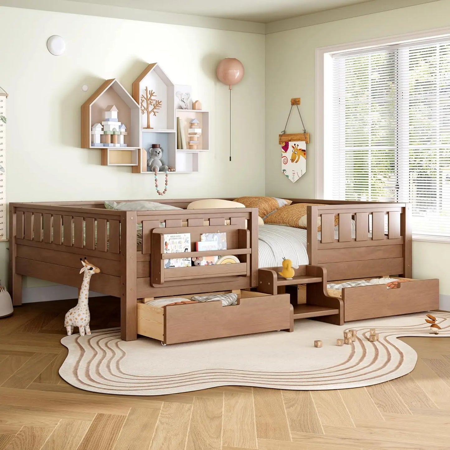 Queen Size Montessori Kids Bed Frame with Stairs Bookshelf Drawers Storage Low-Profile Wood for Boys Girls Room, Customized