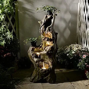 Water Fountain Outdoor 5-Tiers Large Cascading Realistic Tree Trunk Natural Waterfall Outdoor Fountain Resin Imitation Wood with