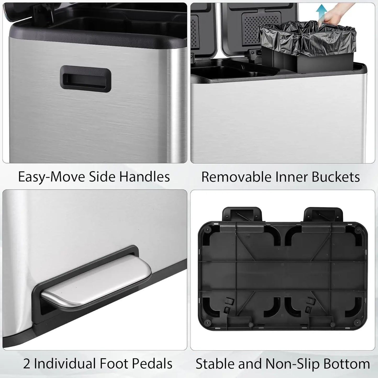 Stainless Steel Dual Trash Can With Foot Pedal For Kitchen