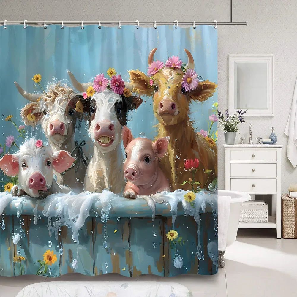 Cute Pig Bath Curtain For Kids Cartoon Animals Polyester