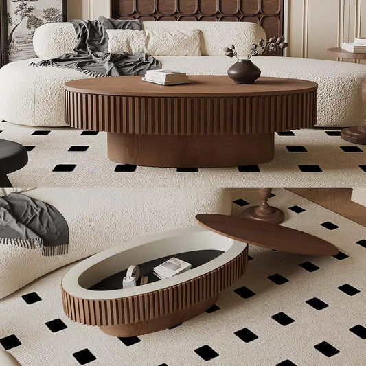 Oval Fluted Coffee Table With Storage In Solid Wood Veneer