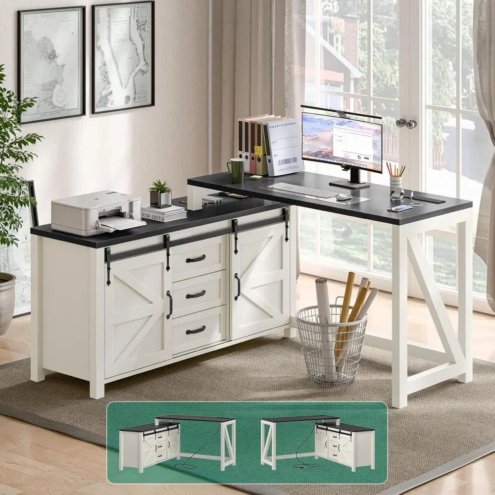 Executive L Shaped Office Desk with Drawers, Farmhouse Corner Desk for Home Office with Storage Cabinet, Computer Desk with Char
