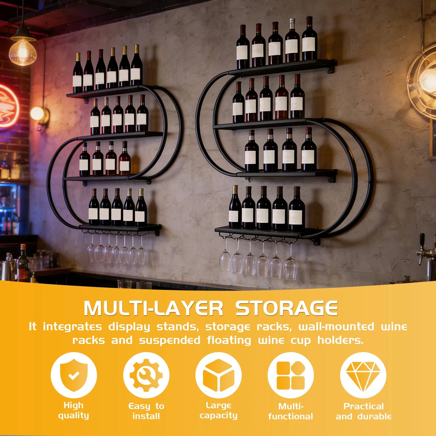 APWIKOGER 4 Tier Wall Mounted Wine Rack Glass Holder