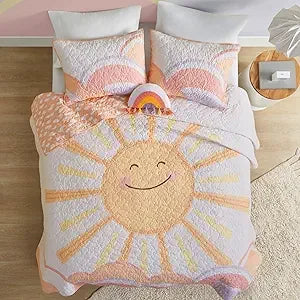 Kids Queen Bedding Set Cotton Sun Full Size Quilt Sets for Girls Rainbow & Clouds Reversible Queen Coverlet D
