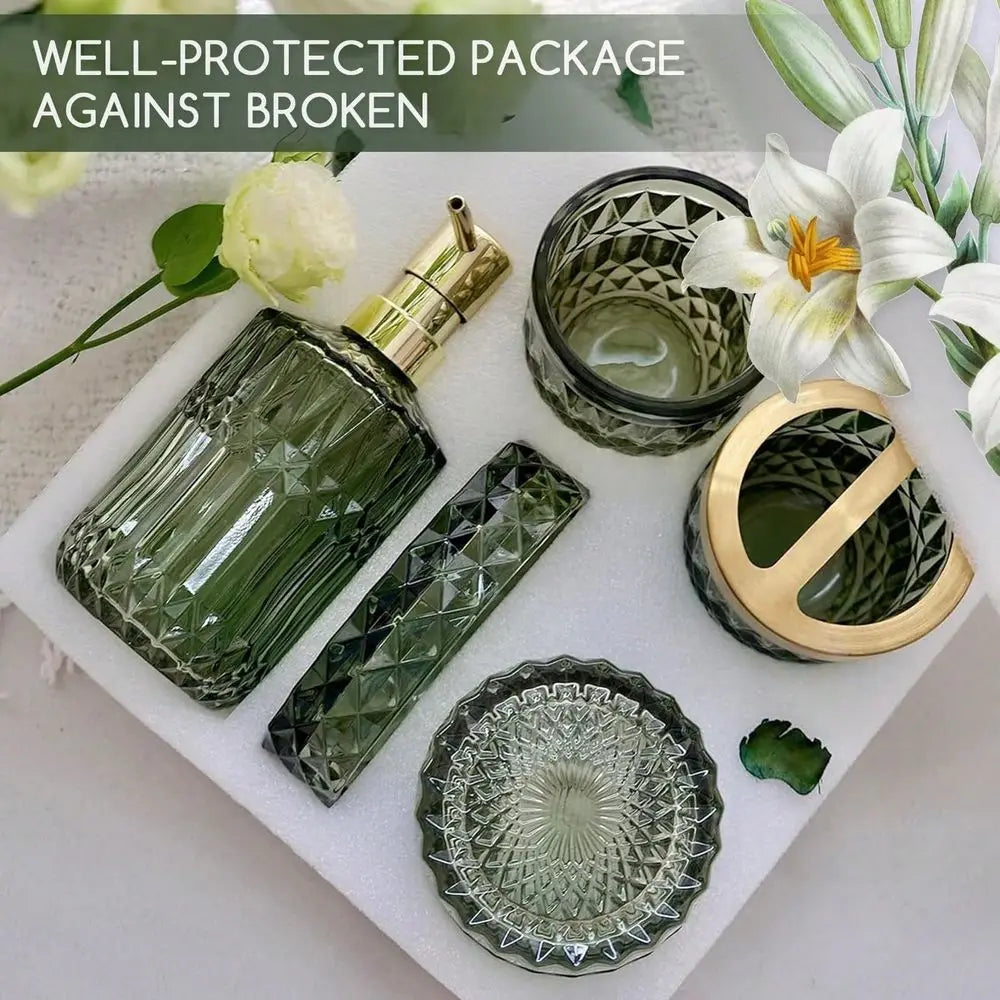 Diamond Glass Bathroom Accessory Set, Includes Lotion Dispenser, Soap Dish, Toothbrush Holder, Tumbler Cotton Swab Jars, Modern
