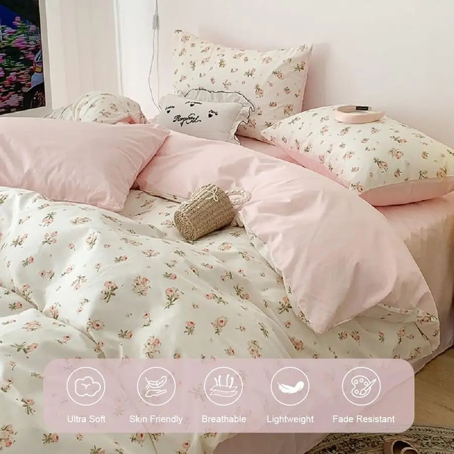 Duvet Cover Set Queen Size,Pink Floral Flowers Bedding Duvet Cover Queen with Zipper Closure,Reversible Comforter Duvet Cover an