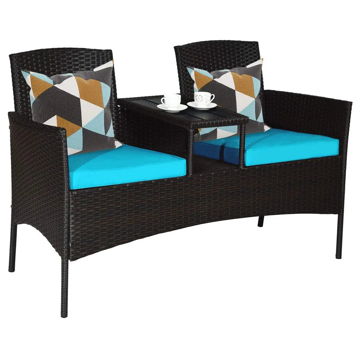 Outdoor Rattan Loveseat Modern Patio Conversation Set With Cushions Table