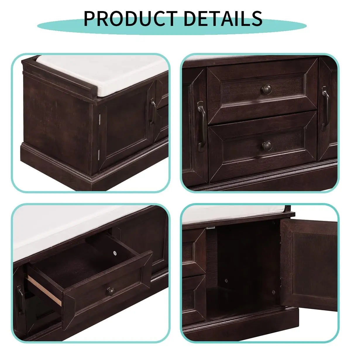Storage Bench Removable Cushion Shoe Cabinet Doors Drawers Padded Seat Hallway Entryway Espresso, Customized