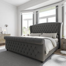 California King Size Platform Bed Frame, with Scroll Wingback Headboard & Footboard, Velvet Upholstered Sleigh Bed