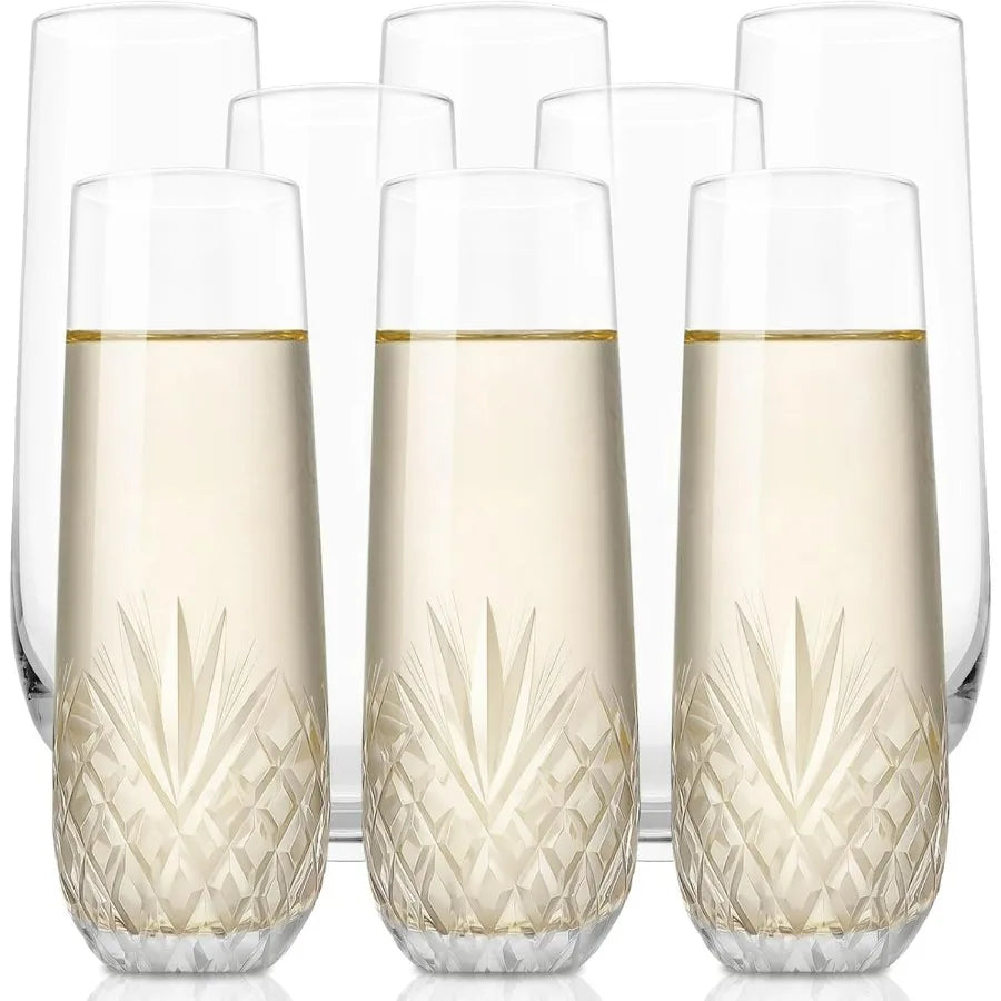 NONEDrinkware Hand Cut Crystal Stemless Champagne Flutes Set of 8