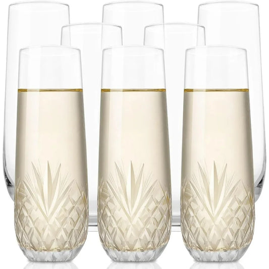 NONEDrinkware Hand Cut Crystal Stemless Champagne Flutes Set of 8