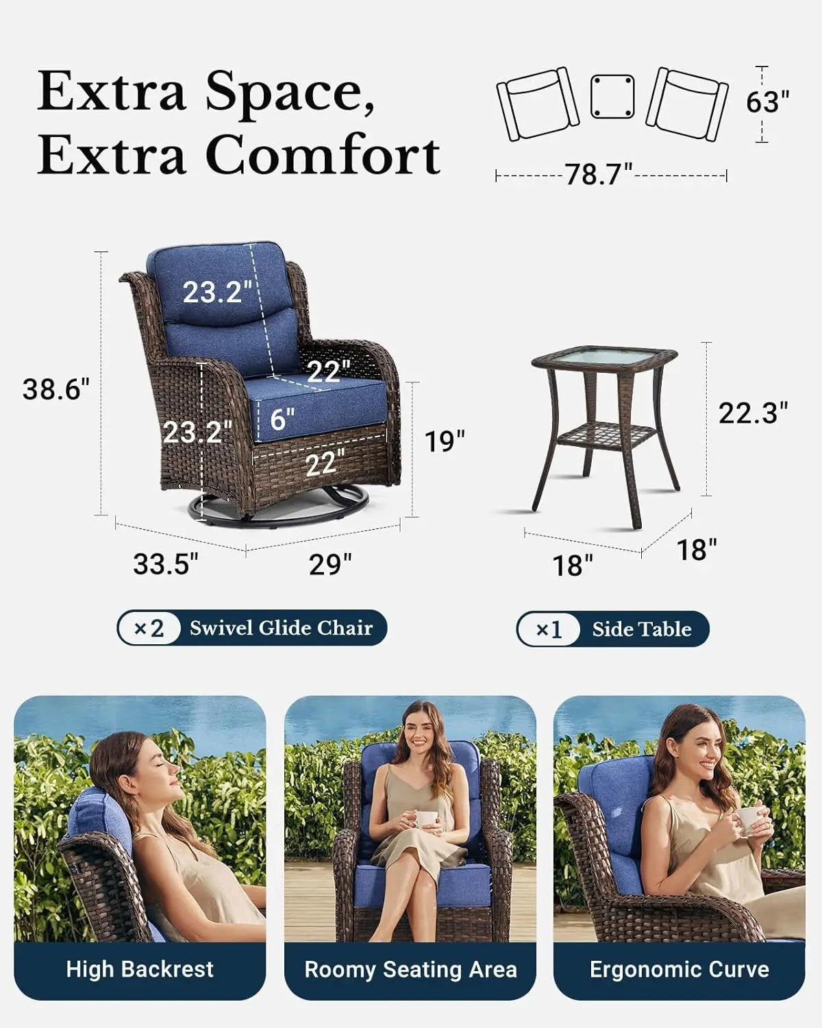 Luxury 3Piece Outdoor Wicker Patio Set with High Back Chairs