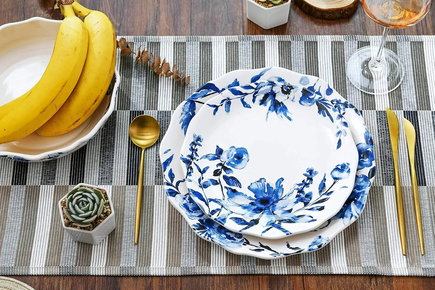 Watercolor Flower Scalloped Ceramic Dinner Plates Set of 4