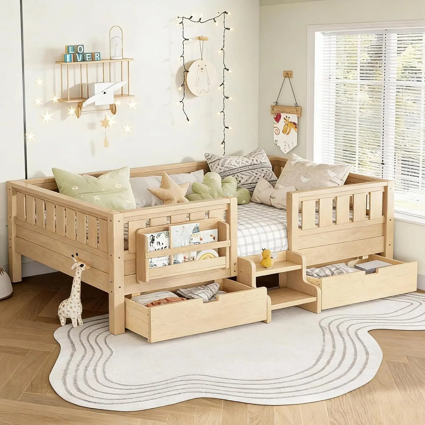 Queen Size Montessori Kids Bed Frame with Stairs Bookshelf Drawers Storage Low-Profile Wood for Boys Girls Room, Customized