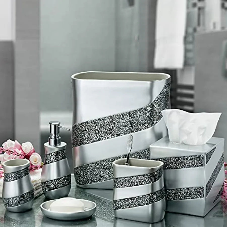 Silver Mosaic Bathroom Accessories Set 6 Piece Complete Set with Trash Can Tissue Cover Soap Dispenser Toothbrush Holder Tumble