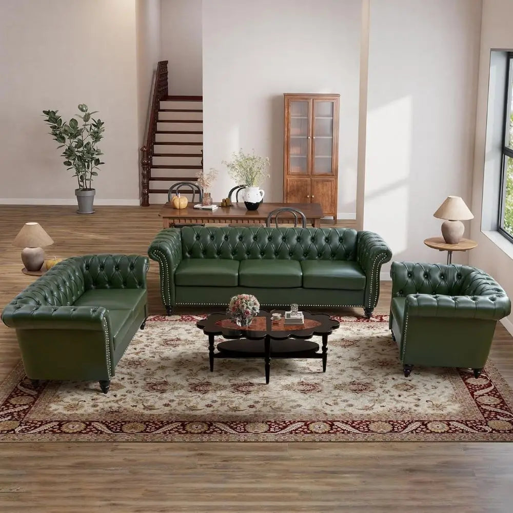 Chesterfield PU Leather Sofa With Tufted Back And Classic Style