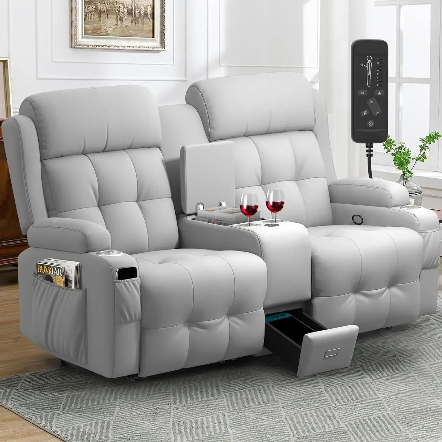 Reclining Massage Loveseat With Console Wall Hugger Sofa