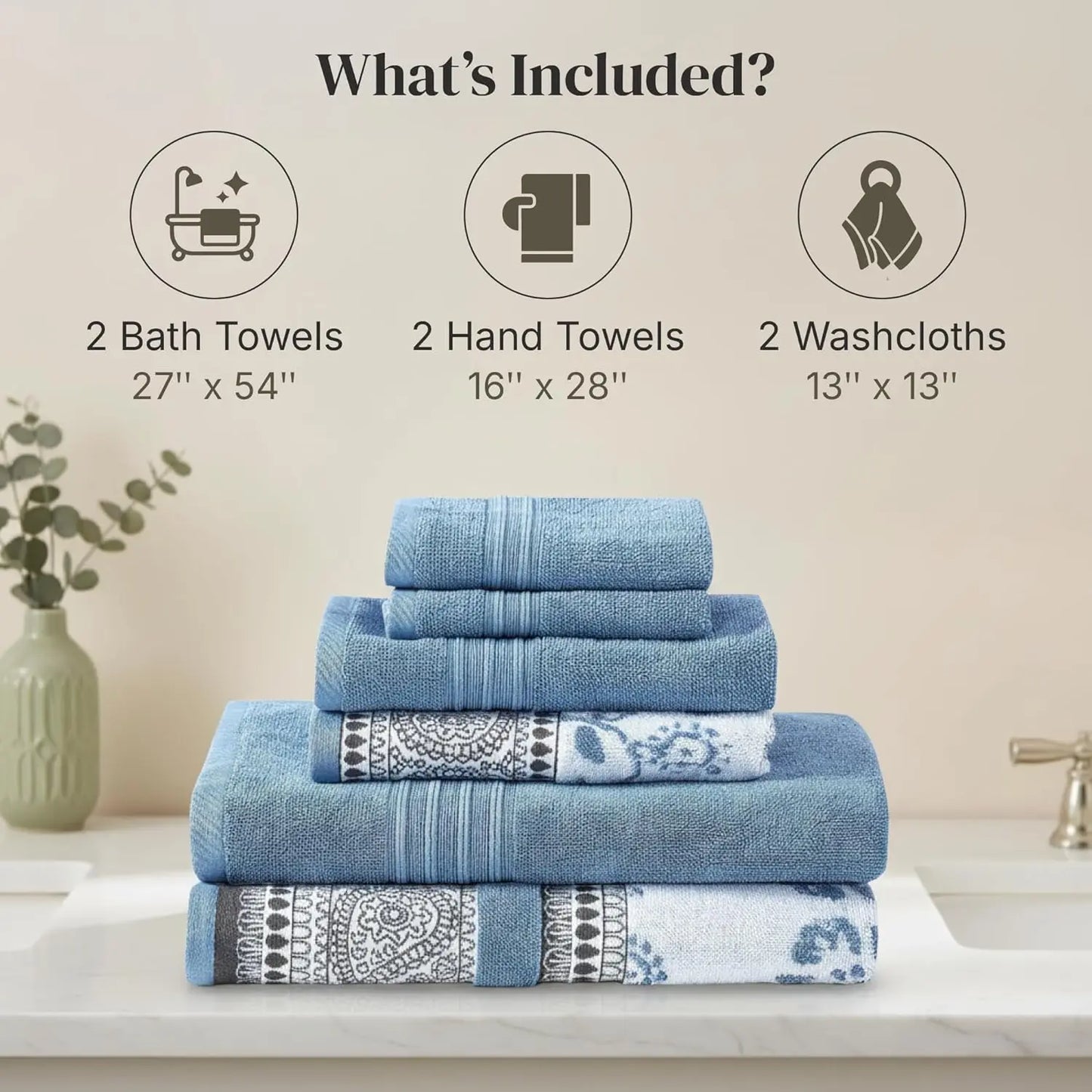 6-Piece Jacquard Towel Set: 2 Bath, 2 Hand, 2 Washcloths in Ophelia Blue - Modern Threads