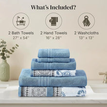 6-Piece Jacquard Towel Set: 2 Bath, 2 Hand, 2 Washcloths in Ophelia Blue - Modern Threads