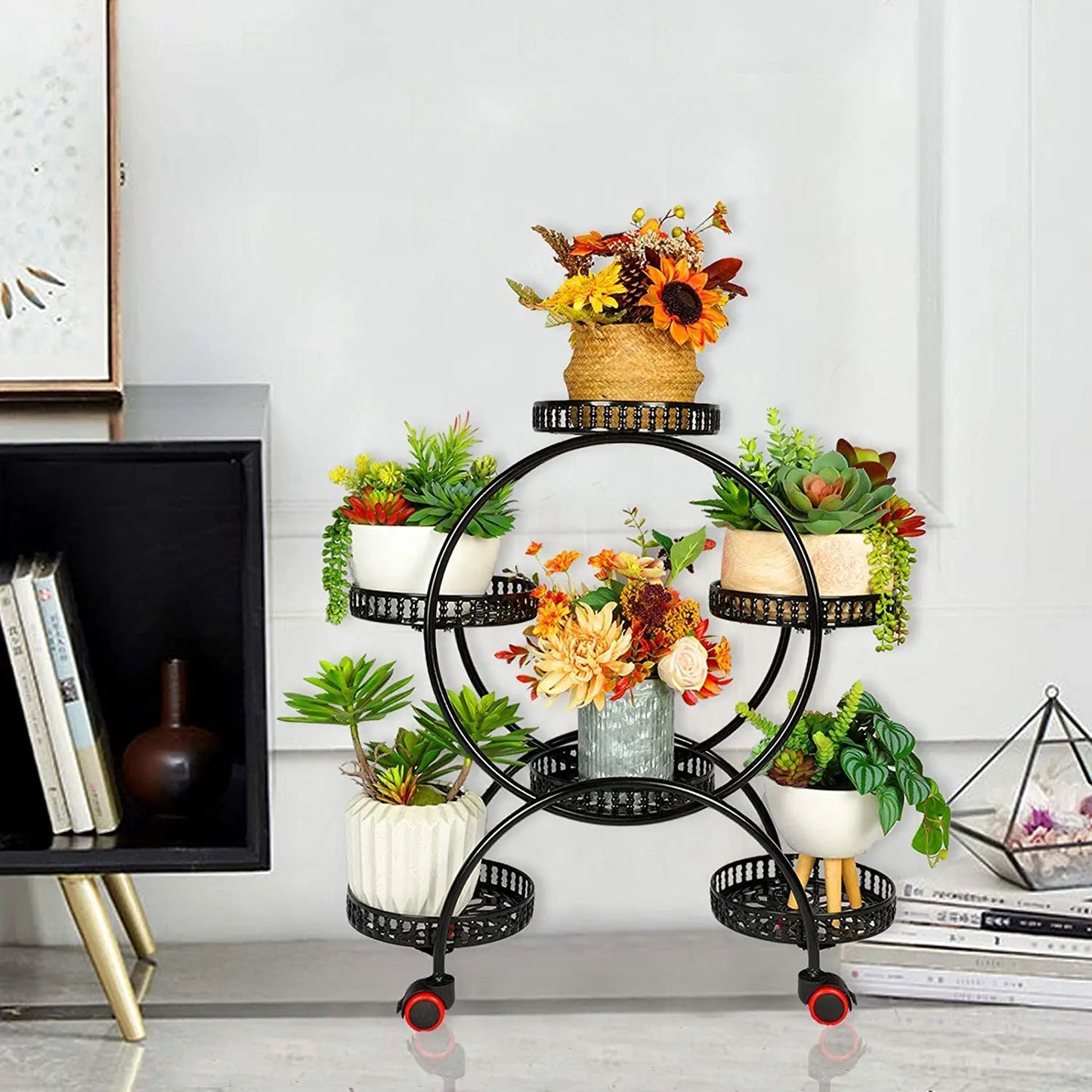 Corner plant stand with small and large potted plants