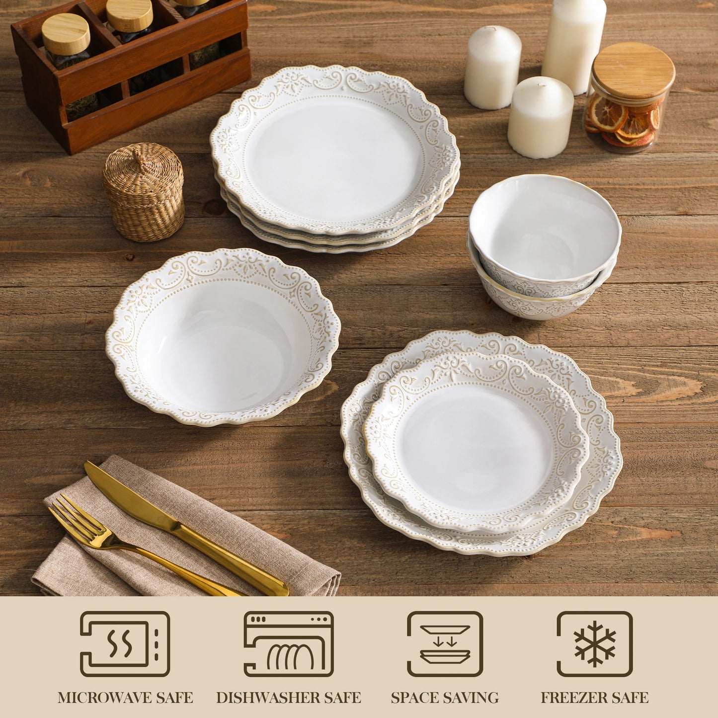 MALACASA Stoneware Dinnerware Set Relief 16 And 32 Piece With Plates Bowls
