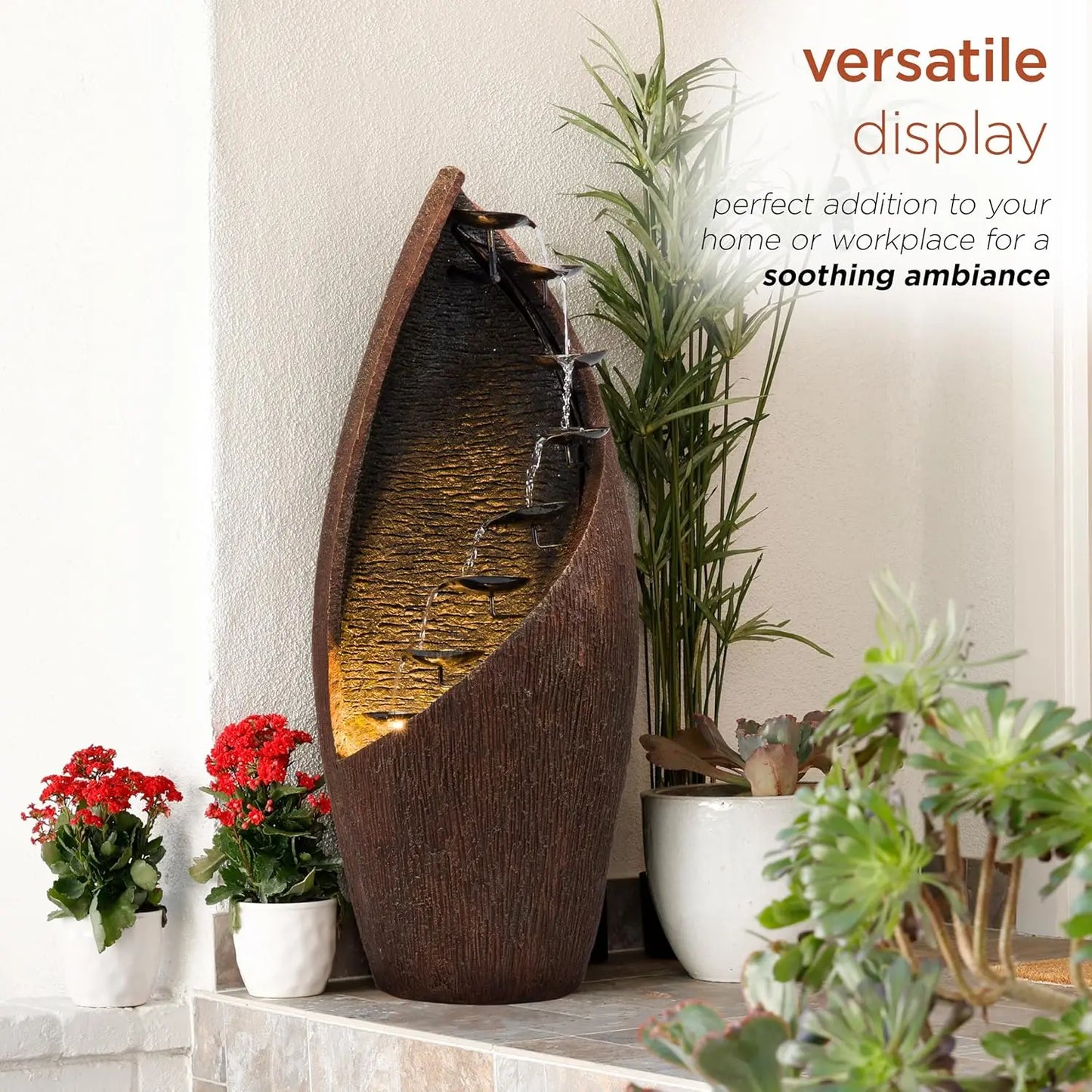 43" Tall Outdoor Floor Contemporary Tiered Bronze Metal Water Fountain with LED Lights, Stylish Outdoor Water Feature for Garden