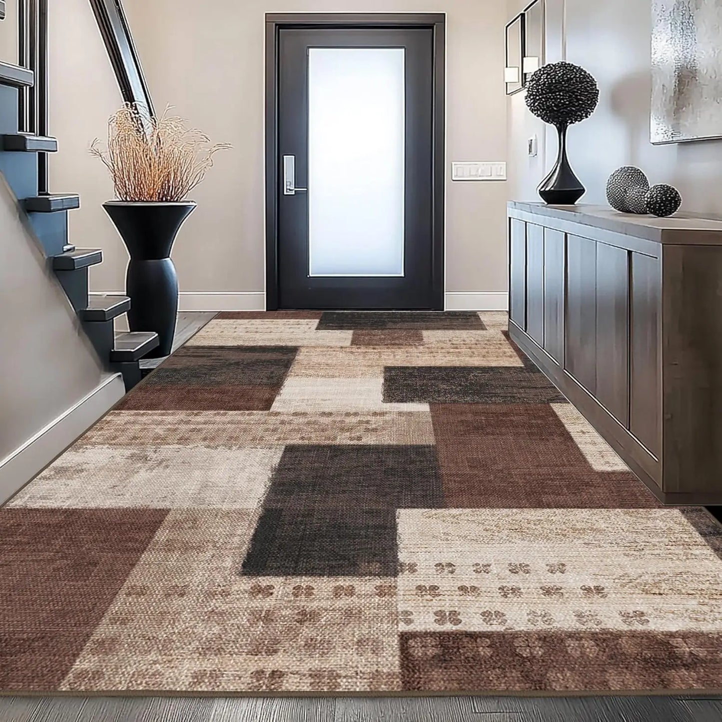 Modern Geometric Patchwork Brown Area Rug 5x7ft for Living Room Bedroom Office Entryway Hardwood Floors Decor