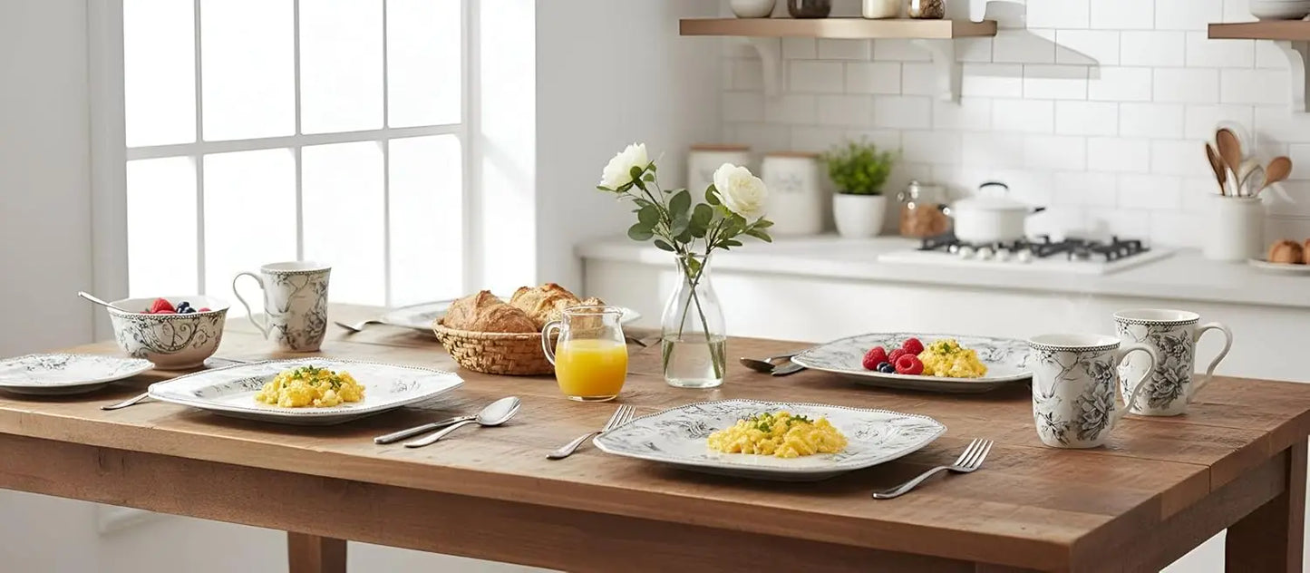 Adelaide Square Floral Porcelain Dinnerware Set For Service 4