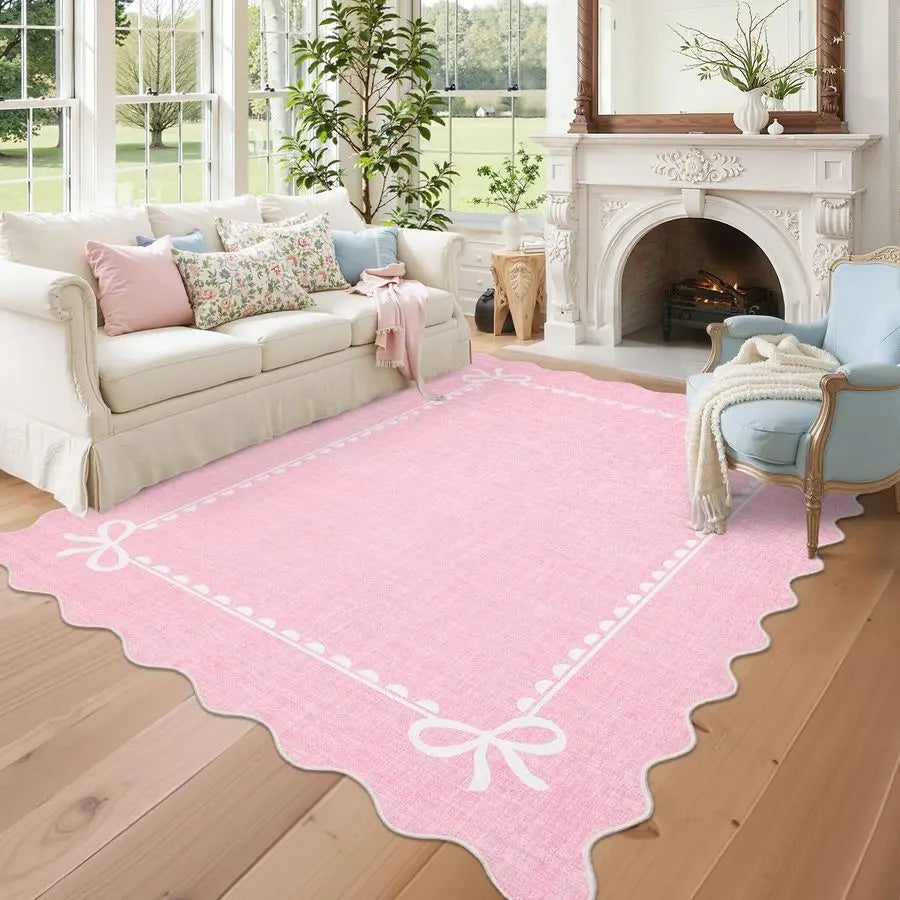 Scalloped Bow Rug for Living Room, Solid Pink Rug for Dorm, Washable Rugs 5x7 Soft Low Pile Non Slip Scalloped Rugs for Nursery