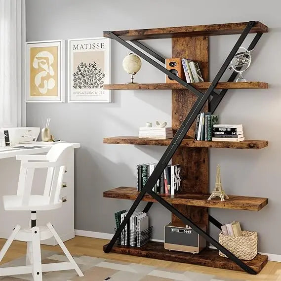 5 Tier Bookshelf, Display Bookshelf with 30mmThickened Board, 47.2 Inch Straight Wide Bookcase with Metal Frame and Woode