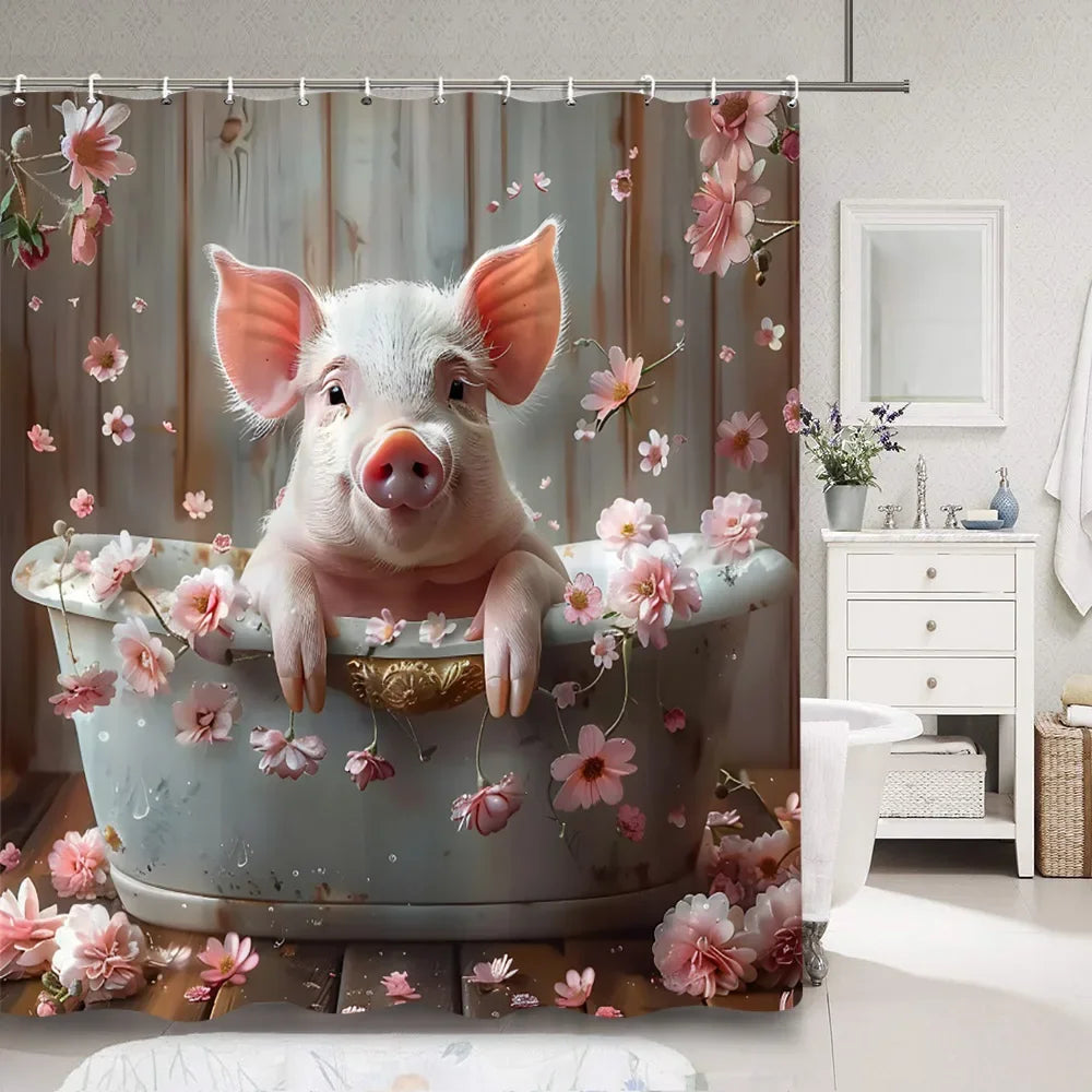 Cute Pig Bath Curtain For Kids Cartoon Animals Polyester