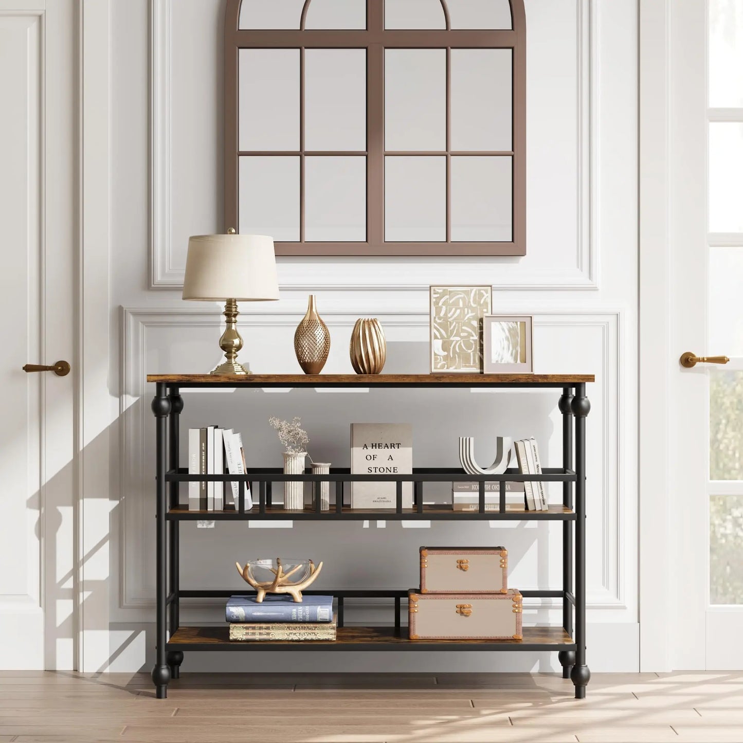 43" Rustic Console Table, 3-Tier Entryway Sofa Table with Shelves & Wood Grain Finish For Living Room Hallway Bedroom