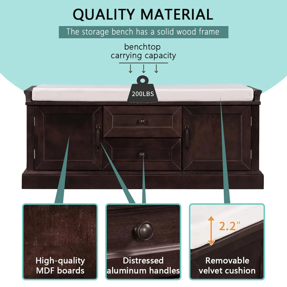 Storage Bench Removable Cushion Shoe Cabinet Doors Drawers Padded Seat Hallway Entryway Espresso, Customized