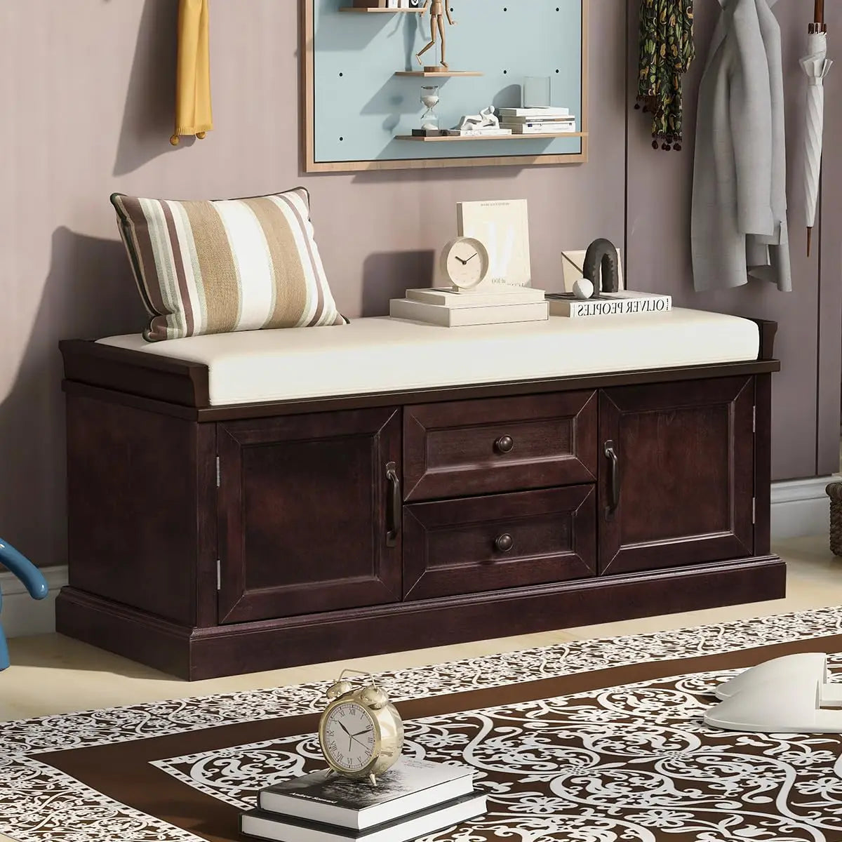 Storage Bench Removable Cushion Shoe Cabinet Doors Drawers Padded Seat Hallway Entryway Espresso, Customized