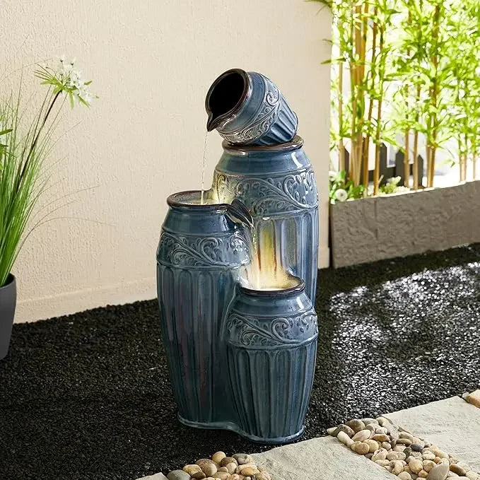 35.5 "H large outdoor fountain with LED lights and water pump, 4-storey relief ceramic fountain, porch terrace vertical fountain