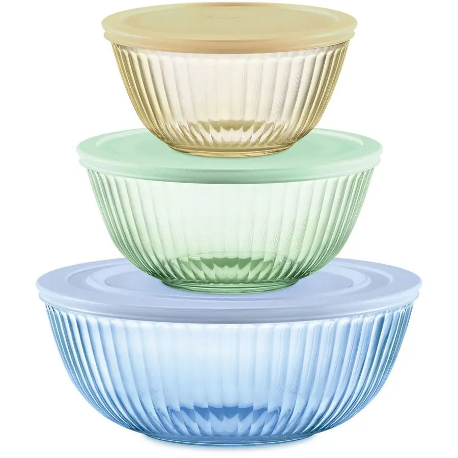 Colors Tinted 3Pack, Full Set Sculpted Tinted Glass Mixing Bowls With Lids, Nesting Space Saving Set of Bowls For Prepping and B