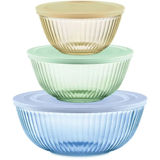 Colors Tinted 3Pack, Full Set Sculpted Tinted Glass Mixing Bowls With Lids, Nesting Space Saving Set of Bowls For Prepping and B