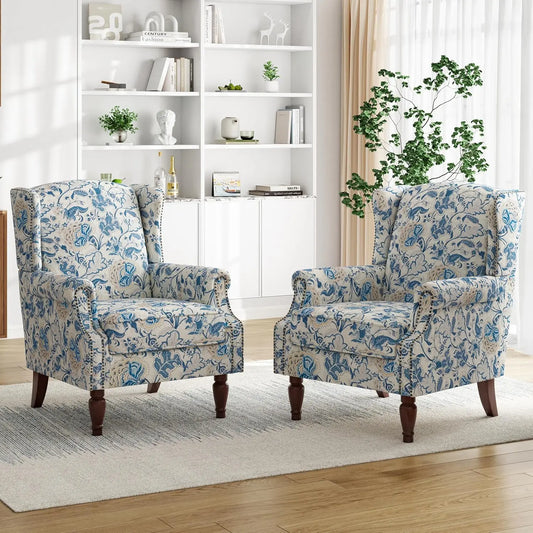 Floral Wingback Accent Chairs Set of 2 Nailhead Trim
