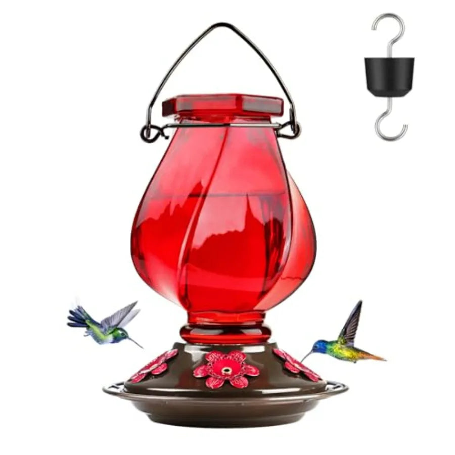 Hummingbird Feeder, Hand Blown Glass Hummingbird Feeders for Outdoors Hanging with Ant Moat, 5 Bee-Proof Ports, Leak-Proof, 360