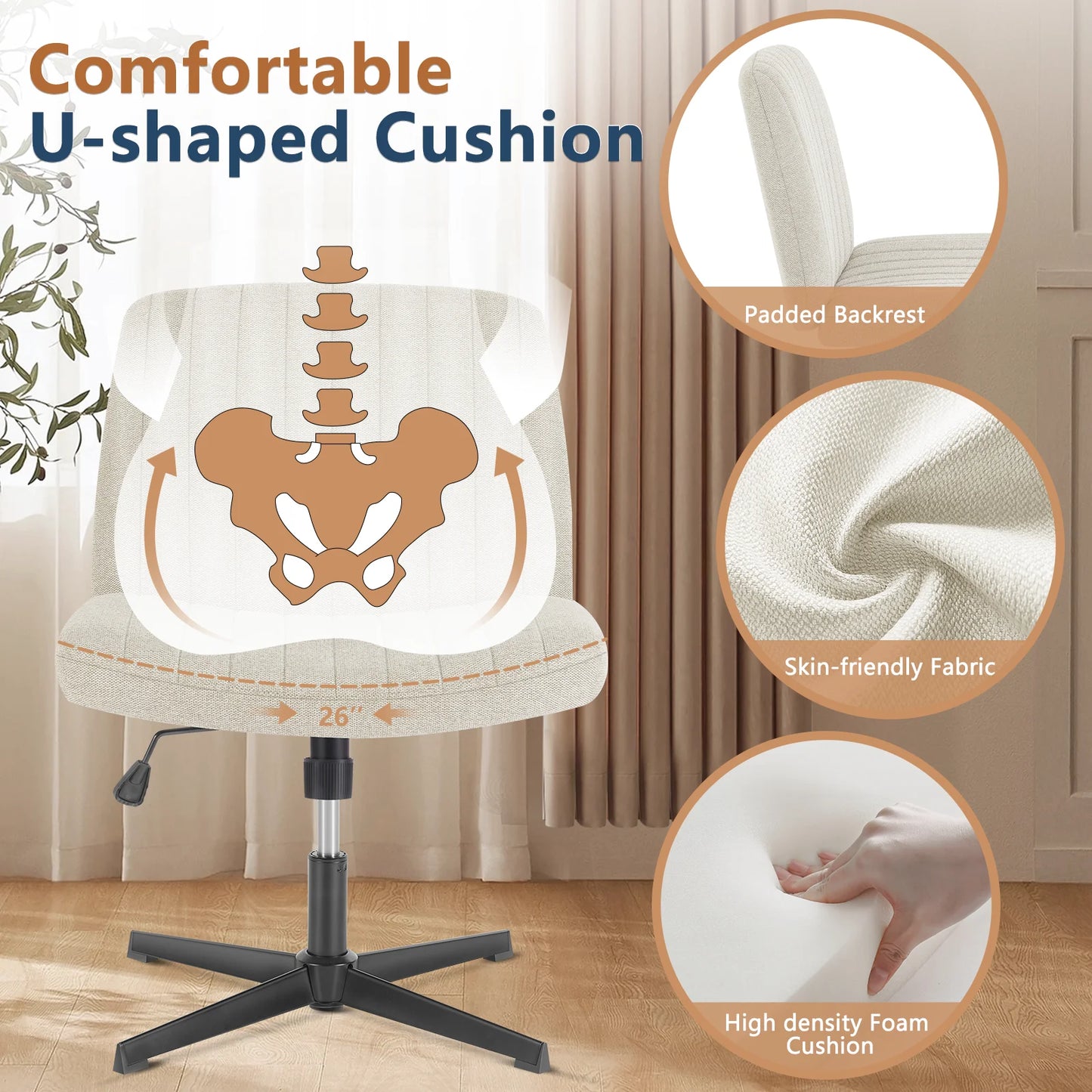 JHK Cross Legged Office Rocking Chair Armless Desk Swivel Fabric