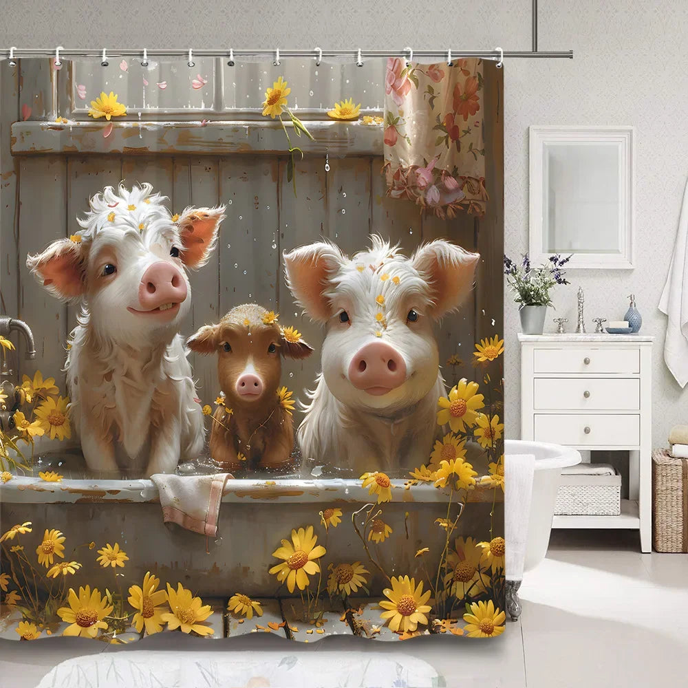 Cute Pig Bath Curtain For Kids Cartoon Animals Polyester