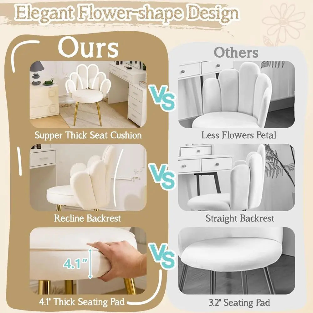 White Velvet Makeup Vanity Chair with Adjustable Gold Legs and Bow Pillow for Home Office or Bedroom