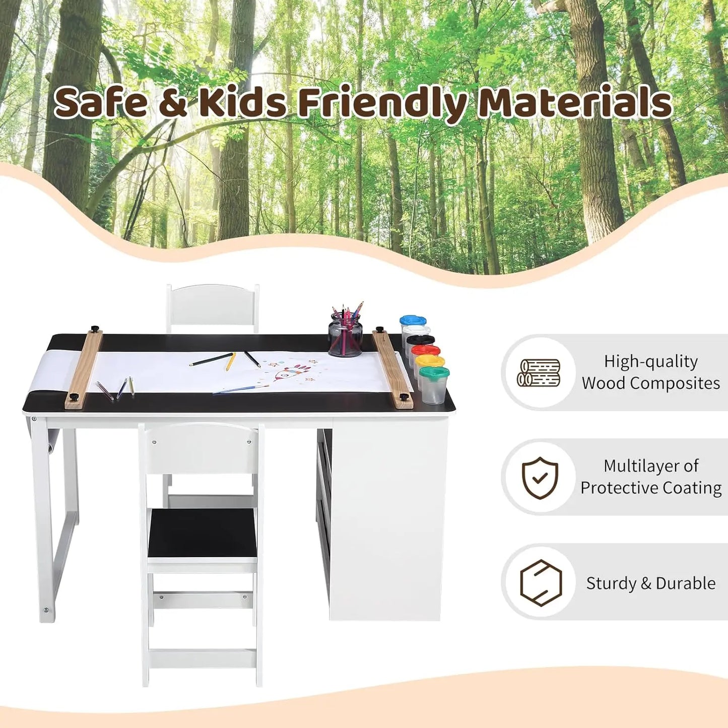 4 In 1 Kids Art Table and Chair Set Toddler Craft Storage Desk with Art Supply Organizer,Drawing Desk,Activity and Study Table