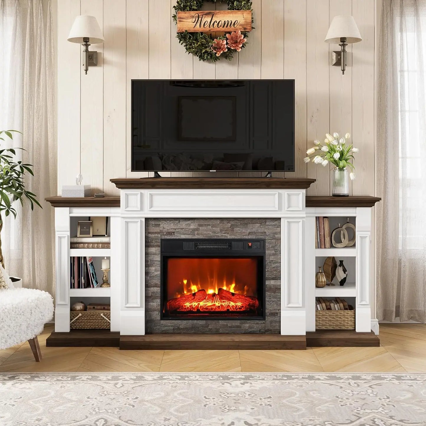 Electric Fireplace With Mantel Cabinets TV Stand Living Room