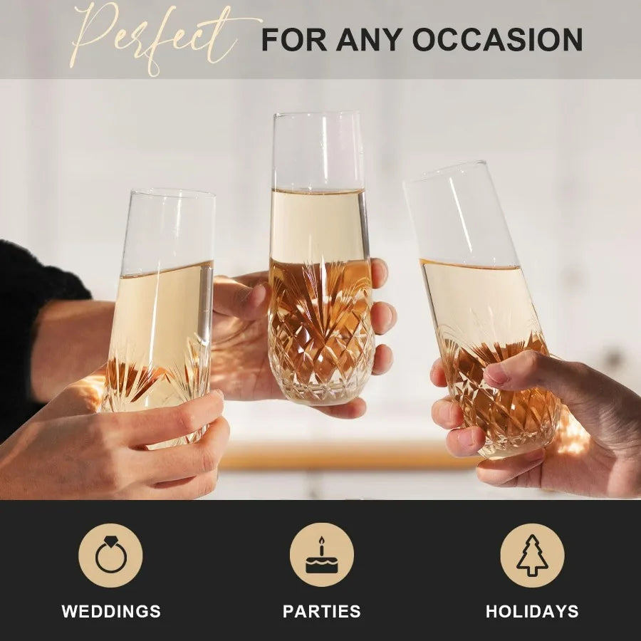 NONEDrinkware Hand Cut Crystal Stemless Champagne Flutes Set of 8